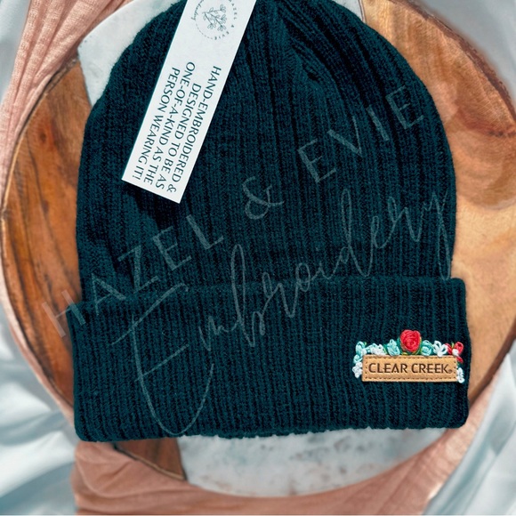 Black Flowery Embroidered Beanie | Knit Hat with Hand Embroidered Flower Design - Picture 2 of 3